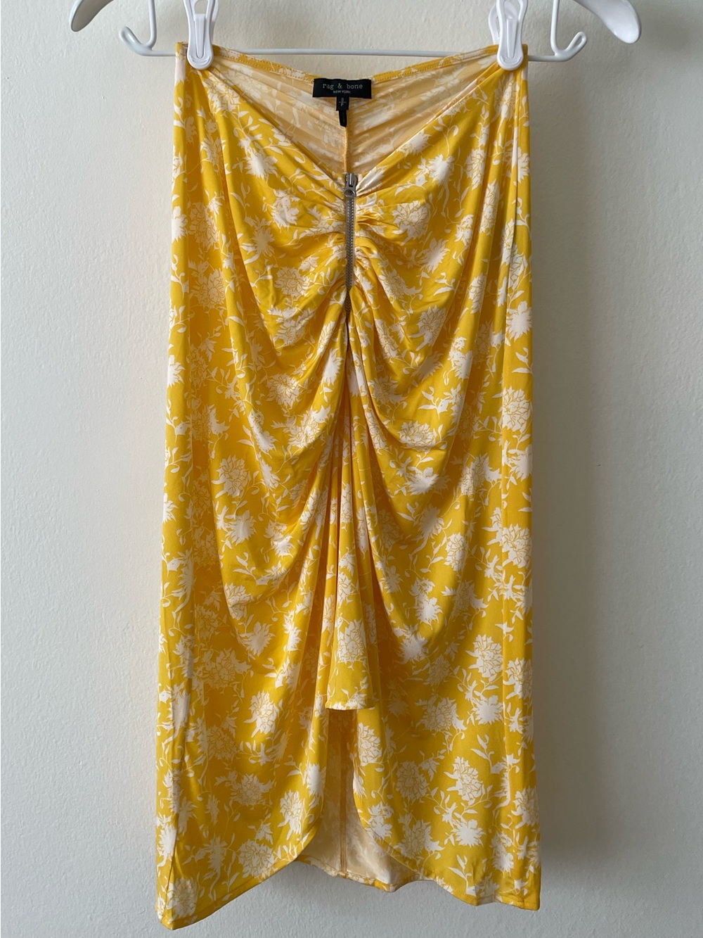 rag & bone Yellow Floral Stretch Ruched Midi Hi-Low Skirt Exposed Zip, Size S